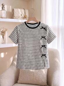 CosyJoli Áo thun nữ cỡ lớn kẻ caro cổ tròn tay ngắn trang trí nơ - Nhiều màu - Xem 2
