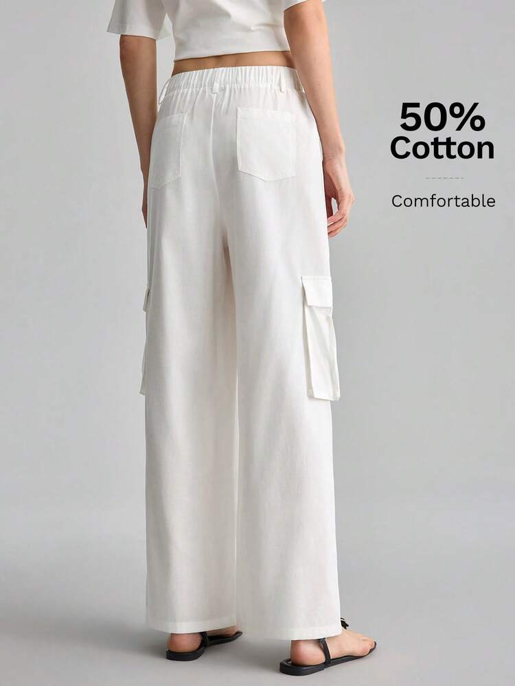 Women's Beige Natural Linen Comfortable Fabric Basic Minimalist Fitted Elastic Waist Side Pockets Rear Patch Pockets Design Side Cargo Pockets High-End Qualitative Unisex Urban Casual Fashion Basic Pants, Understated Vintage Vibe, Commuter High-Quality Extremely Minimalist Neutral Style Series