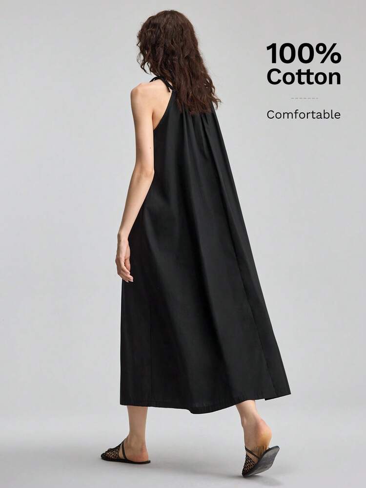 Women's Solid Color Pleated Pocket Sleeveless Midi Casual Dress