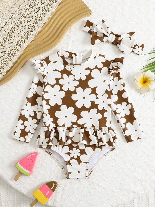 Baby Girls Beachwear, Cute & Fashionable Colorful Printed Swimsuit With Ruffles And Floral Headband, Suitable For Vacation, Beach, Summer Travel