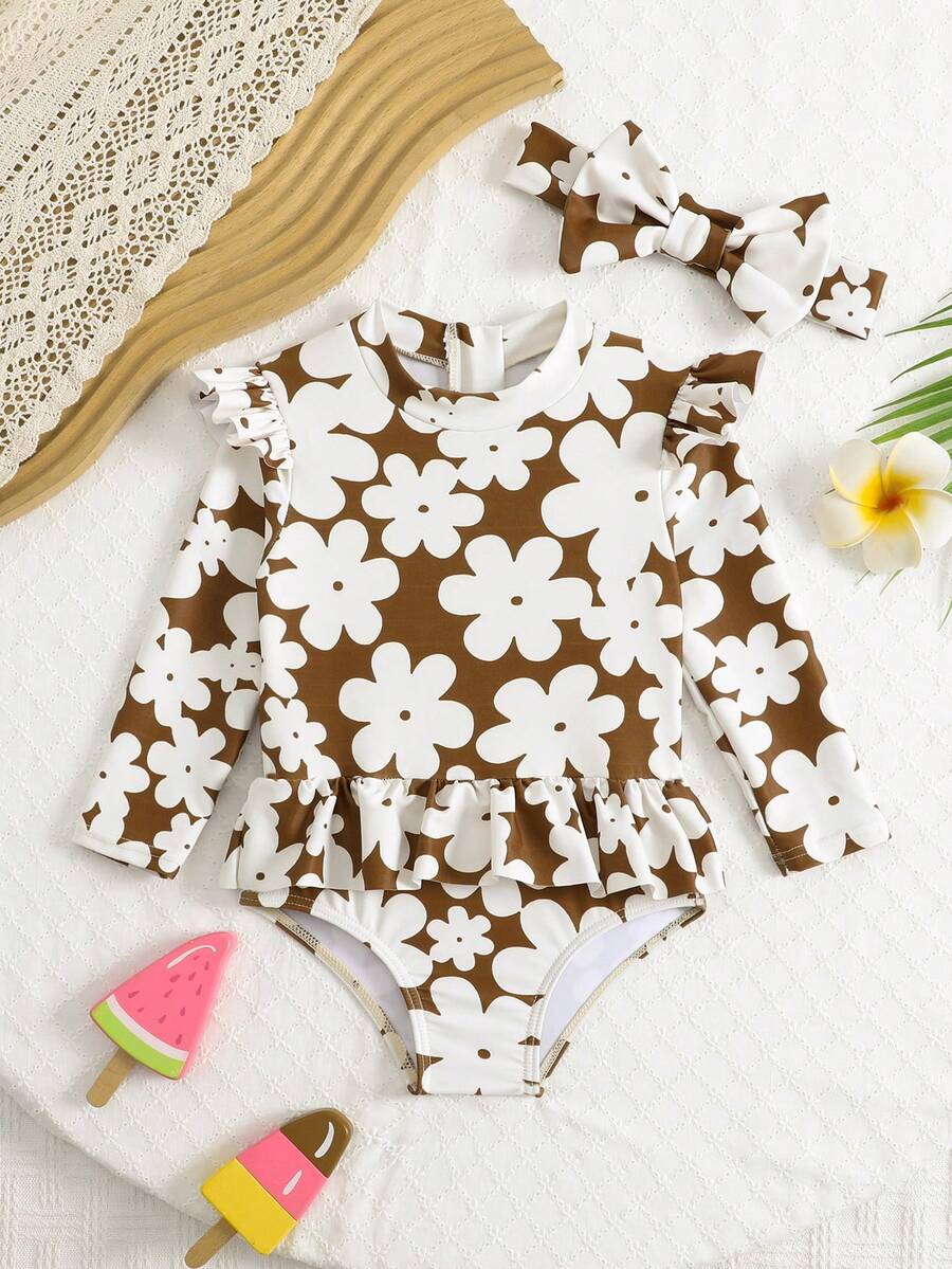 Baju Renang Bayi Perempuan, Baju Renang Lucu & Modis dengan Motif Warna-warni, Rumbai, dan Bando Bunga, Cocok untuk Liburan, Pantai, dan Perjalanan Musim Panas