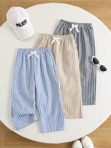 SHEIN 3 piezas Pantalones casuales y cómodos con cintura elástica a rayas para niños, multicolor, adecuados para verano y primavera - Multicolor - Ver 6