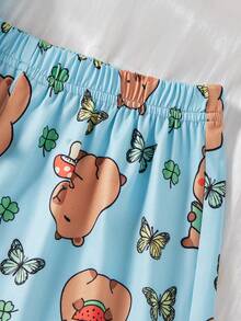 Girls' Sleeveless Pajamas Set, Cute Capybara Design, Comfortable Soft Fabric, Lazy Yet Playful Homewear Style - Mint Green - View 5