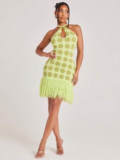 NYA SZN Knit Dress Sleeveless Cutout Detail Polka Dot Vibrant Unique Halter Neckline Fringe Mini Green Brunch Casual Everyday Going Out Party Special Occasion Travel Vacation Office Siren Western Country Date Night Elegant Luxury Business Casual Event Everyday Wedding Brunch Office Gyaru Street Style Spring Summer Statement Unique Bridal Shower Outfits For Women