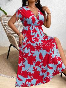 SHEIN Clasi Plus Size Women's Royal Blue V-Neck Split Dress Maxi Women Outfit Vacation Summer Boho - Rose Red - View 4