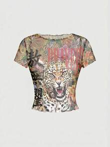 ROMWE Grunge Punk Áo croptop gợi cảm kiểu punk họa tiết đầu hổ và da báo dành cho nữ, in hình khẩu hiệu trên mạng Trung Quốc. - màu nâu - Xem 1