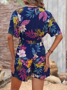 SHEIN Holidaya 女士热带植物印花短袖休闲连体裤 - 藍色 - 查看 2