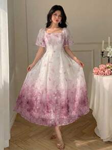 Modelyn Vestido de Primavera & Verano Elegante y de Moda con Cuello Cuadrado, Manga Corta, Cintura Definida, Estampado y Vuelo - Rosa - Ver 4