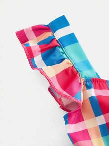 SHEIN Đầm ngắn tay màu đỏ dáng chữ A có nơ in họa tiết kẻ caro cho bé gái, thích hợp mặc đi nghỉ mát. - Đỏ - Xem 3