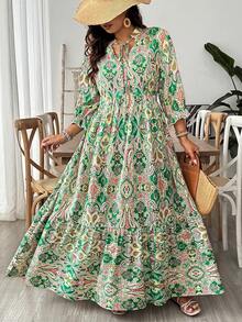 SHEIN VCAY Plus Size Green Retro Print Dress, Suitable For Summer Beach Vacation - Green - View 1