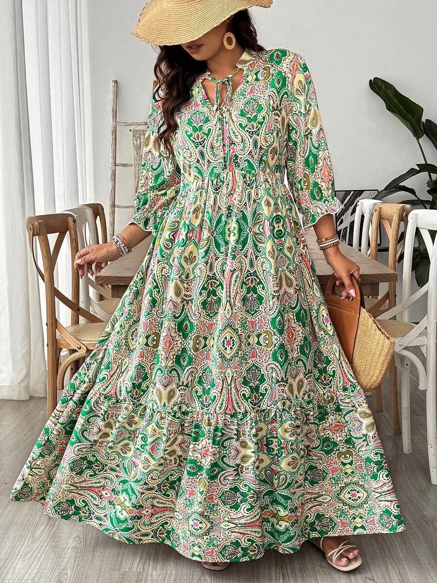 SHEIN VCAY Plus Size Green Retro Print Dress, Suitable For Summer Beach Vacation - Green - View 1