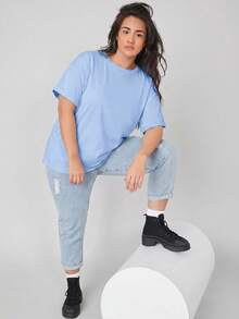 SHEIN BASICS 大码女式纯色圆领短袖休闲百搭T恤 - 藍色 - 查看 3