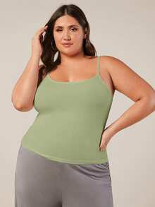 SHEIN BASICS Plus Size Women Solid Color Fitted Casual Smart Casual Camisole Everyday Sage Green Summer Tops - Green - View 5