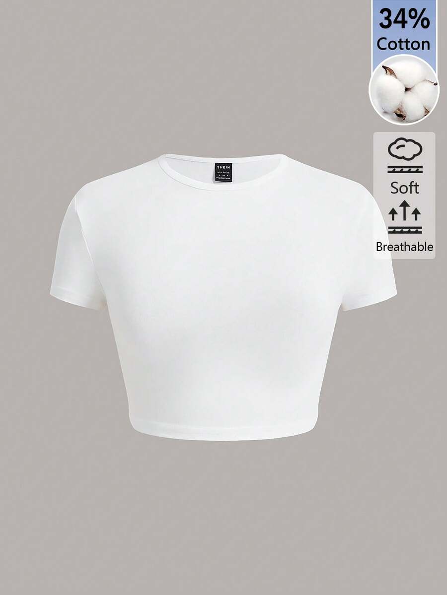 SHEIN BASICS 女款素色修身短版圓領T恤上衣 白色短版上衣 - 白色 - 查看 1