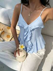 Modelyn Ruffled Light Blue Camisole Shirt, Spring/Summer Vacation Elegant - Blue - View 3