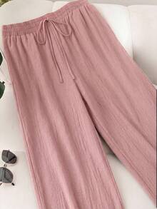 CosyJoli Pantalones largos casuales y versátiles de talla grande para mujer con cintura con cordón, unicolor, para uso diario y salidas - Rosa - Ver 6