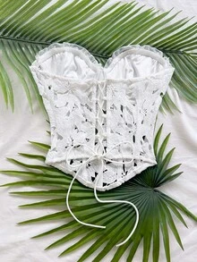 Soleia 女款春夏浪漫度假風雛菊刺繡紋理印花3D花卉裝飾抹胸上衣，適合休閒約會、情人節、下午茶、海灘、郵輪度假、公路旅行、城市度假、音樂節派對，波希米亞嬉皮西式日常通勤 - 白色 - 查看 2