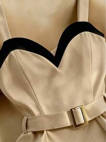GlowEve CURVE Elegant Black & White Contrast Color Waist Cinched Plus Size Women's Spaghetti Strap Dress, Spring/Summer - Khaki - View 3