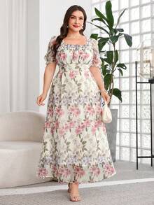 Reflora Gaun Ukuran Besar Elegan Motif Bunga Lengan Mengembang dengan Korset di Pinggang, Musim Panas - MultiWarna - View 4