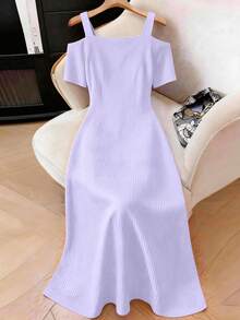 Elenzga Plus Size Women Solid Color Metal Decor Ruched Waist Elegant Party Dress - Mauve Purple - View 2