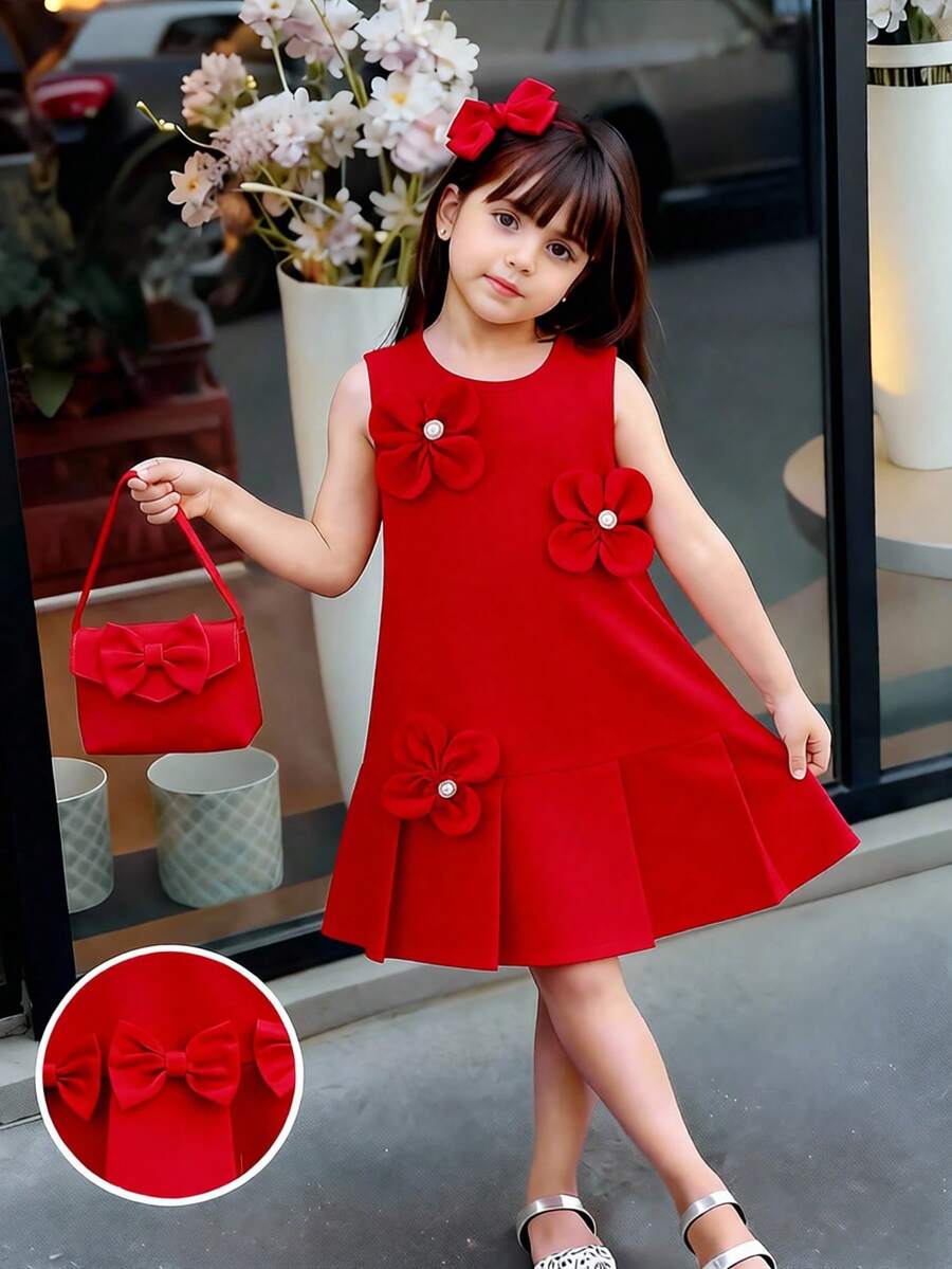 Elladie kids 小女孩红色无袖褶皱蝴蝶结纯色连衣裙，简约优雅的夏季儿童情人节公主裙