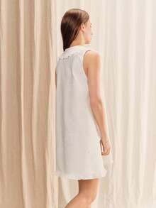 lacRébo White Seashell Embroidered A-Line Mini Dress With Ruffled Collar, Delicate Front Button Detail Spring Summer Casual Holiday Cute French Style - White - View 2