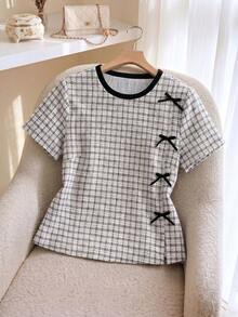 CosyJoli Áo thun nữ cỡ lớn kẻ caro cổ tròn tay ngắn trang trí nơ - Nhiều màu - Xem 1