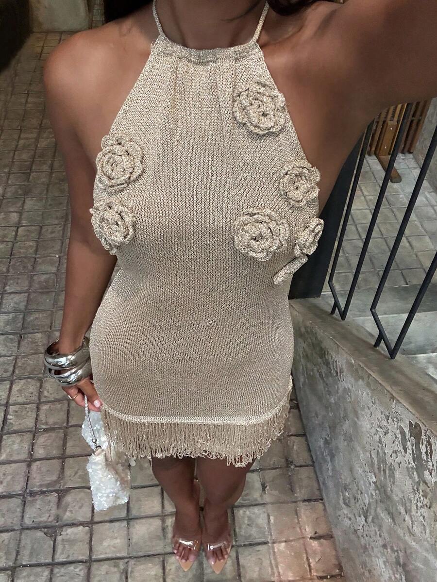 SHEIN BAE Đầm dệt kim cổ yếm hở lưng buộc dây, thích hợp cho kỳ nghỉ và tiệc tùng. - Rượu sâm banh - Xem 1