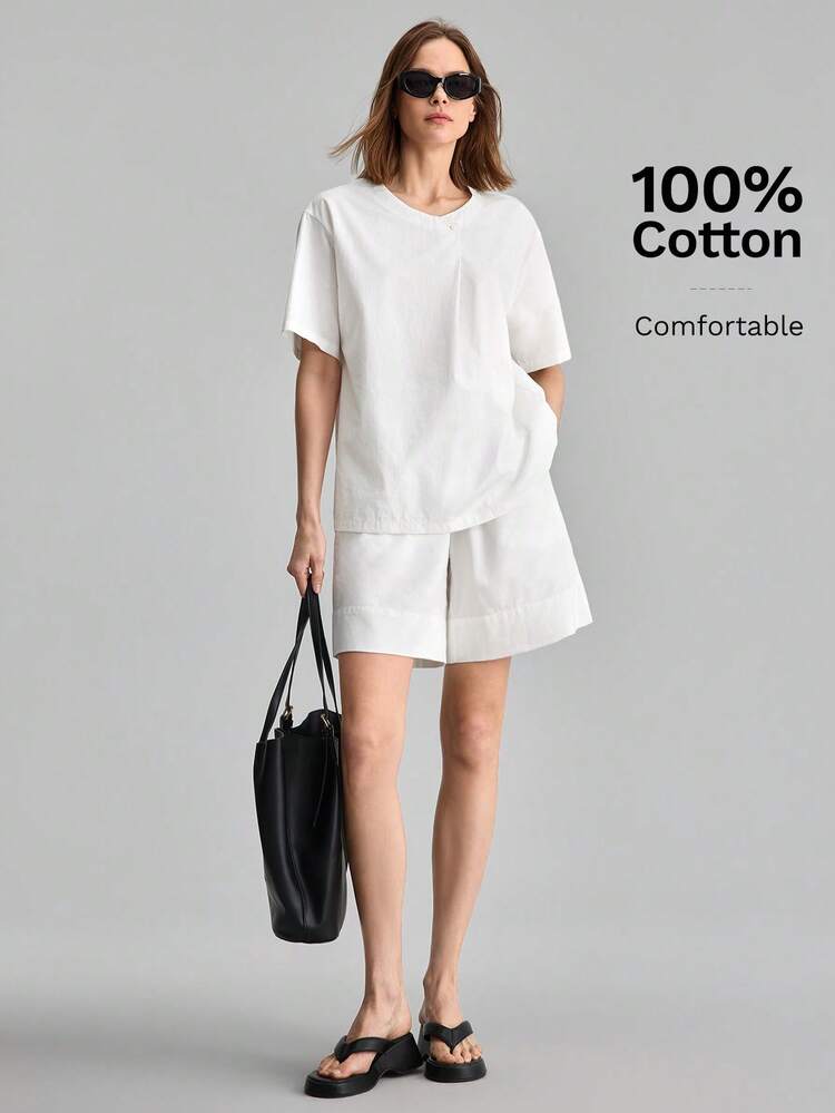 Women's Ivory Comfortable Fabric Basic Minimalist Style Small Collar Round Neck Slightly Dropped Shoulder Short Sleeve Asymmetric Folded Collar Design High-End Sophisticated Unisex Urban Casual Fashion Basic Outfit Understated Old Money Vibe Elegant Quality Extremely Minimalist Neutral Series Design Women T-Shirt