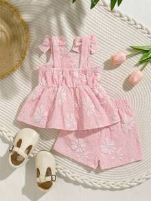 SHEIN Playful Pals 2件套女婴幼儿/新生儿0-3岁休闲日常可爱度假提花纹理蝴蝶结图案吊带背心+短裤套装，春夏款 - 粉色 - 查看 3