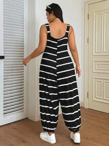 SHEIN EZwear Plus Size Black & White Ribbed Elastic Ribbed Bib Pants - Black - View 2