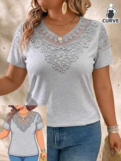 Blusa de Mujer Talla Extra Curve Plus Size de Lino con Encaje, delgada, cómoda, Casual, Mangas 3/4. Ideal para verano, Playa, Días calurosos, Viajes, Día de Primavera