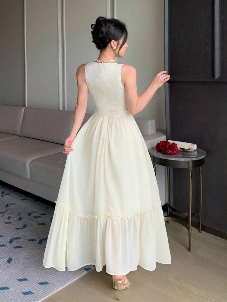Chiffon Patchwork Umbrella Skirt Sleeveless Dress, Elegant Summer Holiday Long Dress For Women