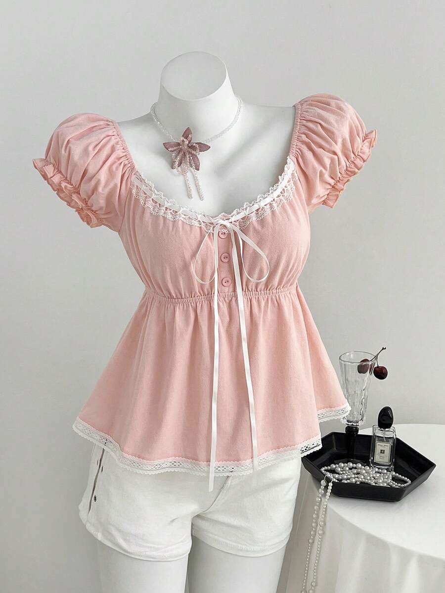 Elamini 女士棉质花瓣袖蕾丝边A字型罩衫，春夏款 - 粉色 - 查看 1