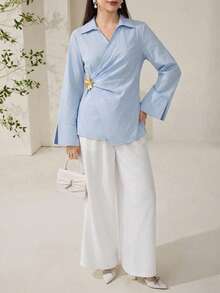 Solavon Women's Solid Color Metal Decor Pleated Casual Versatile Daily Wear Blouse - Blue - View 4