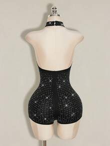 SHEIN ICON Women's Rhinestone Embellished Halter Neck Jumpsuit - Black - View 8