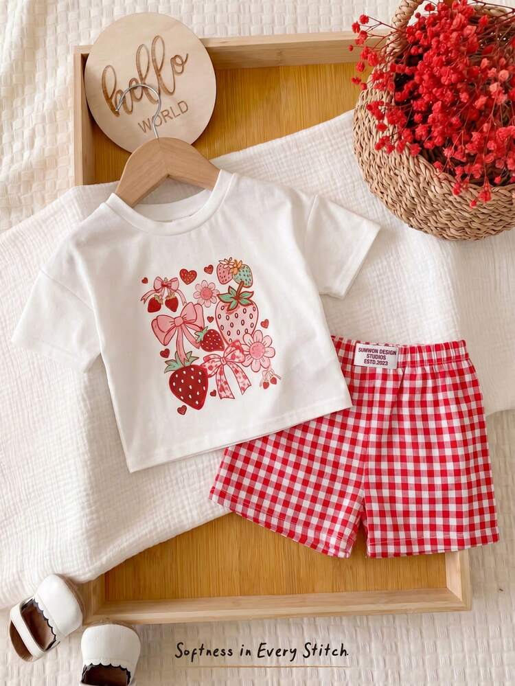 Cozy Pixies Bộ 2 món cho bé gái, kiểu dáng mùa hè, chất liệu mềm mại, dễ thương, in họa tiết tương phản, dáng rộng, thoải mái, thích hợp cho mặc hàng ngày, đi nghỉ mát, cắm trại, chụp ảnh. - Đỏ và trắng - Xem 3