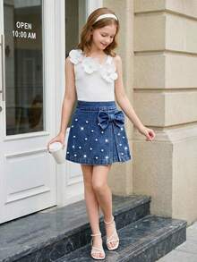 Elladie kids 2pcs/Set Tween Girls White Asymmetric Neck 3D Floral Ribbed Top & Denim Pearl Shorts Skirt With Bow,Cute Summer Blue And White Wedding Guest Outfits - White - View 3