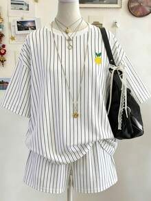 Sweetra Summer Striped Casual Loose Short Sleeve Shorts Set, Lemon Print Loungewear Suitable For Daily Casual Wear - White - View 1