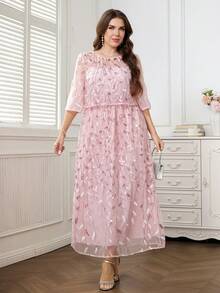 Reflora Đầm ngắn tay cổ tròn in hoa đính sequin dành cho nữ cỡ lớn, thanh lịch. - Hồng - Xem 6