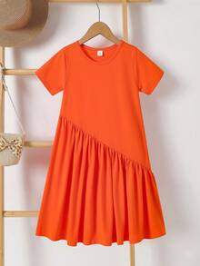 SHEIN Kleine Mädchen Einfarbiges Rundhals Kurzarm Lässiges Locker Kleid - Orange - Übersicht 1