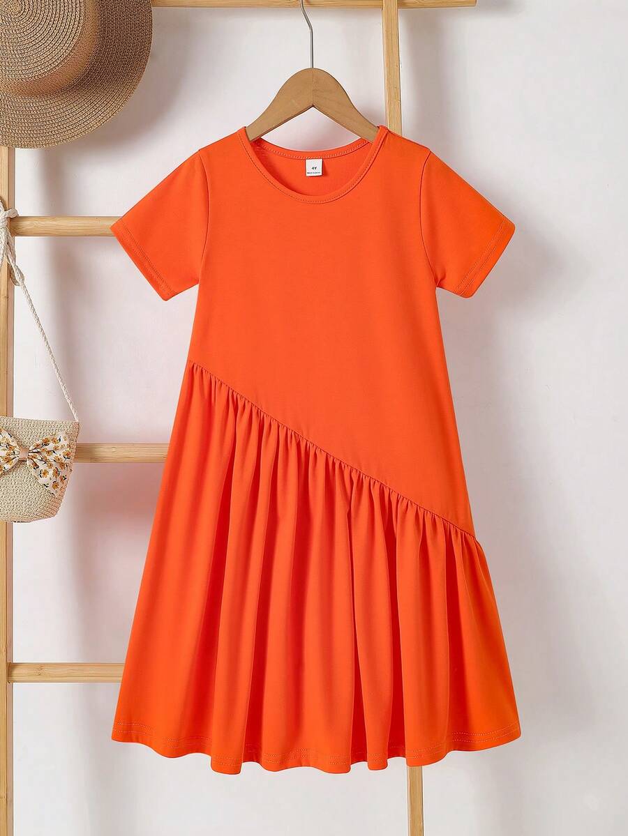 SHEIN Kleine Mädchen Einfarbiges Rundhals Kurzarm Lässiges Locker Kleid - Orange - Übersicht 1