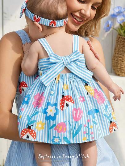 Cozy Pixies Vestido de tirantes con espalda descubierta con estampado de rayas y flores para niña bebé