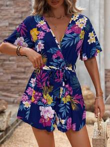 SHEIN Holidaya 女士热带植物印花短袖休闲连体裤 - 藍色 - 查看 3