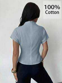 Firerie Áo kiểu nữ màu mơ, chất liệu sợi tre, vải lanh, phù hợp cho mọi mùa, cổ nhăn, tay áo bất đối xứng, xếp ly bên hông và thắt eo. - Màu xanh nhạt - Xem 2