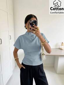Firerie Áo kiểu nữ màu mơ, chất liệu sợi tre, vải lanh, phù hợp cho mọi mùa, cổ nhăn, tay áo bất đối xứng, xếp ly bên hông và thắt eo. - Màu xanh nhạt - Xem 1