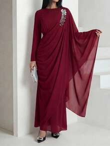 Veilorie Women's Elegant Rhinestone Decor Asymmetrical Sleeve Ruched Waist Arabic Style Dress - Burgundy - View 1