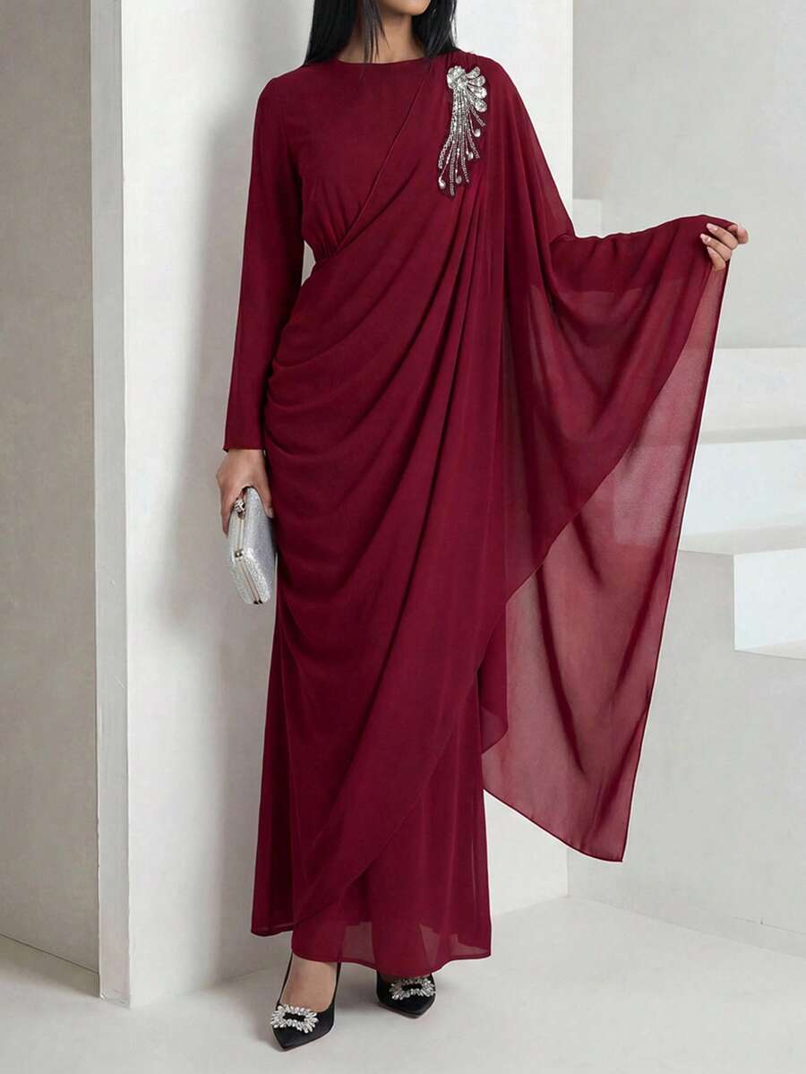 Veilorie Women's Elegant Rhinestone Decor Asymmetrical Sleeve Ruched Waist Arabic Style Dress - Burgundy - View 1