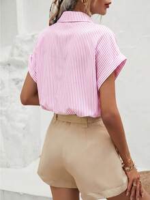SHEIN Frenchy Áo sơ mi nữ tay cánh dơi kẻ sọc cài cúc phía trước, kiểu dáng thường ngày, thích hợp cho mùa hè. - Hồng - Xem 2