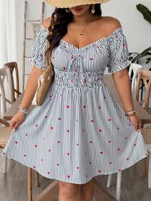 SHEIN VCAY Robe grande taille à épaules dénudées avec motif cœur, rayures bleu & blanc, coupe trapèze, robe mini romantique de plage, style bohème - Bleu azur - Voir 3